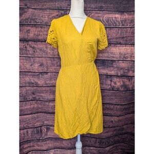 Loft Linen‎ Blend Eyelet Sleeves Yellow Wrap Dress Size Small P